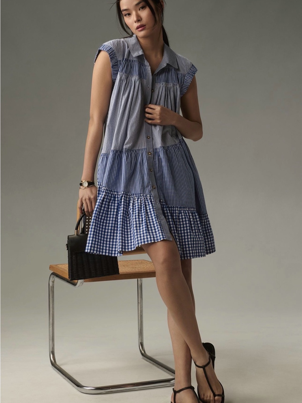 Anthropologie Blue and White Gingham Tiered Mini Dress - Picture 2 of 9